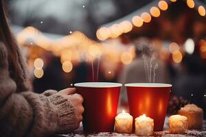 AI generated Two red cups with hot drinks stand on the table against the backdrop of a Christmas market photo