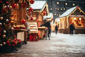 ai generado borroso antecedentes. Navidad mercado establos y compras en el ciudad centro. Navidad compras y hada ambiente foto