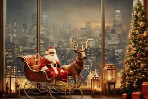 AI generated Christmas restaurant decor near the window overlooking the night metropolis photo