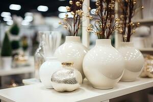 AI generated White and silver Christmas decor on a store shelf. New Year decor shopping concept photo