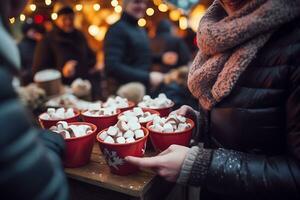 AI generated Several mugs with hot drinks and marshmallows stand on a wooden table against the backdrop of a Christmas market photo