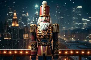 AI generated Figure of the Nutcracker against the backdrop of the night city photo