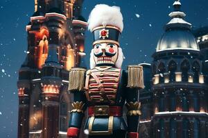 AI generated Figure of the Nutcracker against the backdrop of the evening city photo