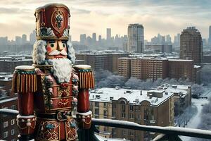 ai generado el figura de el cascanueces soportes en el techo de un edificio en contra el fondo de un grande ciudad foto