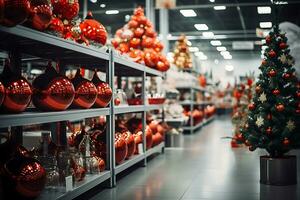 AI generated Christmas decor on the shelves of a huge supermarket photo