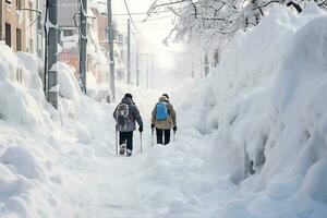 AI generated Huge snowdrifts on the city streets after a snowstorm. People have difficulty moving on the street photo