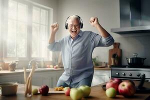 AI generated A happy elderly man listens to music on headphones and dances in a bright kitchen next to a table with fresh tomatoes on it. The concept of a healthy lifestyle in adulthood photo
