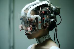 AI generated Young woman with an electrical device on her head. Biohacking concept, improving health and well-being using wearable technology photo