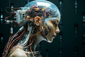 AI generated A young and perfect cyborg woman with an electrical device on her head. Biohacking concept, improving health and well-being using wearable technology photo