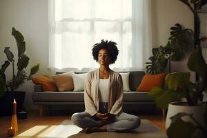 AI generated Beautiful young African American woman meditating in the living room. Biohacking concept, improving health and well-being through meditation photo