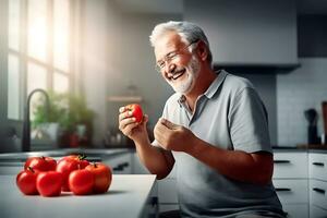 AI generated A happy elderly man in a bright kitchen next to a table with fresh tomatoes on it. Biohacking concept, man improves body efficiency with healthy nutrition photo