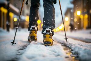 ai generado un hombre camina a lo largo un Nevado calle utilizando esquí polos debido a el grande cantidad de nieve y resbaladizo la carretera. de cerca de pies foto