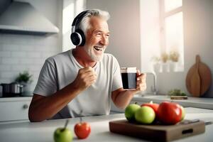 AI generated A happy elderly man in a bright kitchen next to a table with fresh fruit on it. Biohacking concept, man improves body efficiency with healthy eating and positive thinking photo