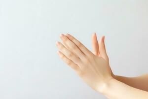 AI generated Young woman meditates on a light background. Hands close up. Biohacking concept, improving health and well-being through meditation photo