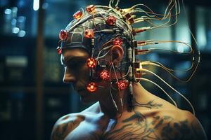 AI generated A young man with an electrical device on his head. Biohacking concept, improving health and well-being using wearable technology photo