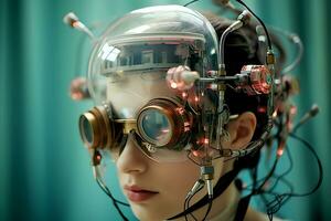 AI generated Young woman with an electrical device on her head. Biohacking concept, improving health and well-being using wearable technology photo