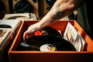 AI generated A man takes a vinyl record from a box. Hands close up. Concept of listening to music together in vinyl and audio bars photo