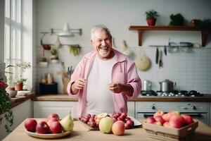 AI generated A happy elderly man in a bright kitchen next to a table with fresh fruit on it. Biohacking concept, man improves body efficiency with healthy nutrition photo
