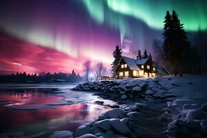 ai generado del Norte luces en el noche cielo terminado pueblo casas ese estar en el apuntalar de un lago foto