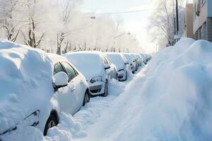 AI generated Cars are standing in a row, densely covered with snow after a snow storm. photo