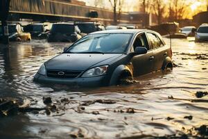 AI generated High water level on a city street from a flood, after a rainstorm or an avalanche. Cars are flooded. The concept of natural disaster insurance and life and property insurance. photo