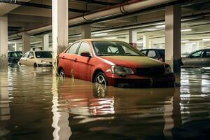 AI generated High water level on a city street from a flood, after a rainstorm or an avalanche. Cars are flooded. The concept of natural disaster insurance and life and property insurance. photo