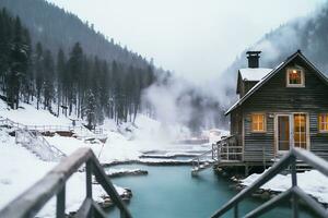 AI generated Hot thermal spring in the middle of snowy forest and mountains. Near the source there is a hotel built of wood. Travel concept to hot springs in winter photo