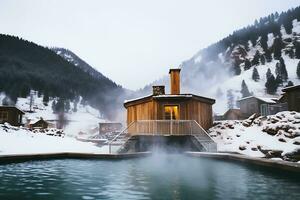 AI generated Hot thermal spring in the middle of snowy forest and mountains. Near the source there is a house built of wood. Travel concept to hot springs in winter photo