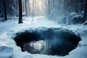 AI generated The hot thermal spring is located in the middle of a snowy forest. Travel concept to hot springs in winter photo