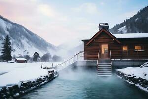 AI generated Hot thermal spring in the middle of snowy forest and mountains. Near the source there is a hotel built of wood. Travel concept to hot springs in winter photo