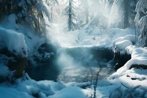 AI generated The hot thermal spring is located in the middle of a snowy forest. Travel concept to hot springs in winter photo