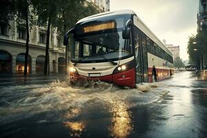 AI generated A city bus drives along a city street flooded as a result of a flood or storm. photo