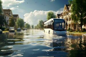 AI generated A city bus drives along a city street flooded as a result of a flood or storm. photo