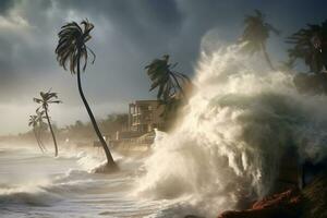 AI generated Hurricane blows away palm trees on the ocean coast. photo