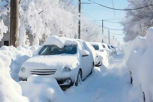 AI generated Cars are standing in a row, densely covered with snow after a snow storm. photo