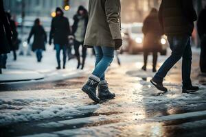 AI generated A crowd of people walks along a snowy city street. Bad weather concept in winter photo