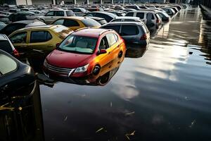 ai generado alto agua nivel en un ciudad calle desde un inundación, después un tormenta de lluvia o un avalancha. carros son inundado el concepto de natural desastre seguro y vida y propiedad seguro. foto