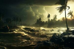 AI generated Hurricane blows away palm trees on the ocean coast. photo