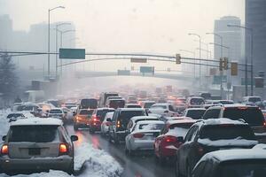 AI generated Many cars are stuck in a traffic jam on a snowy road after a snow storm photo