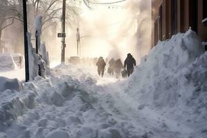 AI generated People walk through the city in a snowstorm. Strong winds and snow make it difficult for people to move photo