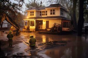 ai generado como un resultado de el inundación, ciudad calles y el primero pisos de edificios fueron inundado rescate operaciones son en marcha foto