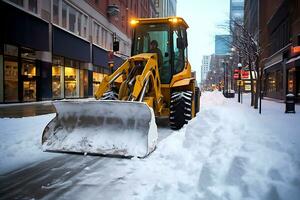 AI generated Snow removal equipment clears roads of snow after a snow storm photo