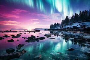 AI generated Pink-blue northern lights over forest and river photo