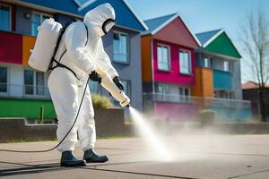 AI generated A man in a white protective suit and mask treats a children's playground with a disinfectant to avoid an outbreak of mycoplasma pneumonia or Covid-19 among children photo