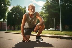 AI generated An elderly man in the park stopped to rest while jogging. photo