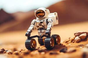 ai generado un humanoide robot en ruedas explora el superficie de el planeta Marte foto