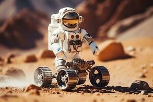 AI generated A humanoid robot on wheels explores the surface of the planet Mars photo