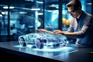 ai generado un científico ingeniero es trabajando en creando un coche. un hombre mira a un holograma y evalúa el proyecto foto