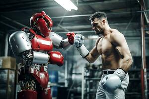 AI generated Scientist engineer teaching robot boxer or testing it in laboratory photo