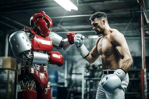 ai generado científico ingeniero enseñando robot Boxer o pruebas eso en laboratorio foto